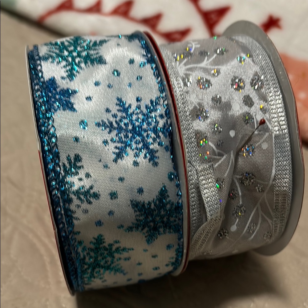 Winter Ribbon Festive Blue and Silver Ribbon Set NEW Rolls 30 ft FINAL S…